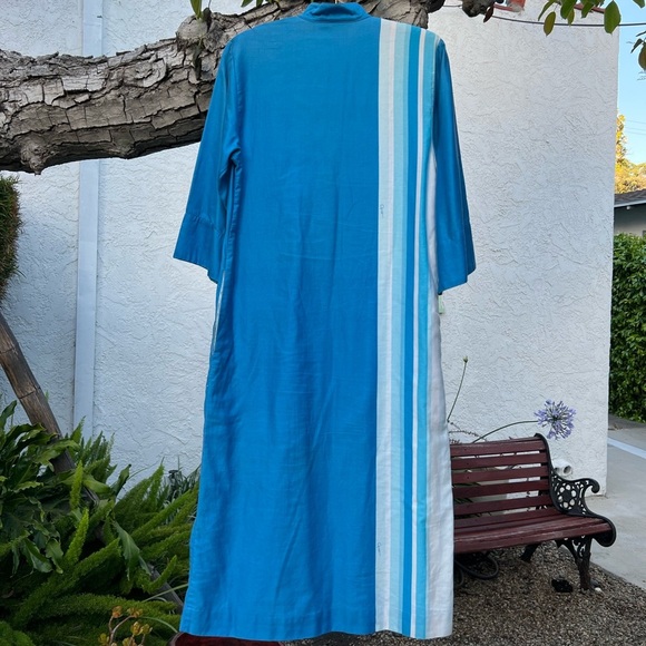 Vtg 70s Catherine Ogust Blue White Stripe Cotton Caftan Dress | Mandarin Collar - Picture 5 of 15